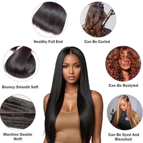 12A Straight Human Hair Bundles 3 Pcs 16 Inch 100% Real Human Hair Extension Unprocessed Brazilian Virgin Human Hair Quick Weave Straight Bundles Human Hair Natural Color for Black Women