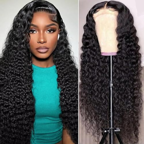 32 Inch Wig Human Hair Deep Wave Wig Natural Black 4x4 Lace Wig Human Hair 200% Density Wet and Wavy Lace Fronral Wig with Baby Hair Pre Plucked For Black Women