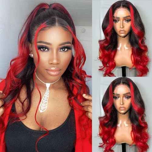 Goldfinch Highlight Red Lace Front Wig Human Hair Body Wave 13x4 HD Lace Ombre Hot Red Wigs Human Hair For Women Pre Plucked Red and Black Color Glueless Wig 150% Density 22 Inch