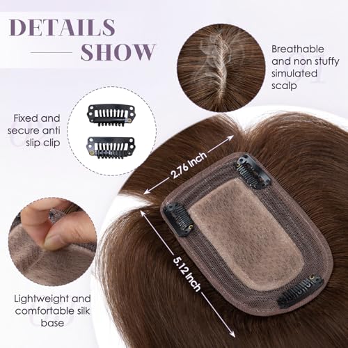 Hair Toppers for Women Real Human Hair 12 Inch Long Straight Toppers for Women with Thinning 7 * 13CM Silk Base Clip in Hairpieces with Bangs (Medium Brown)