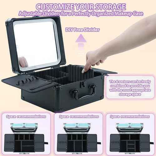 Makeup Organizer Box with Detachable Lighted Mirror, Travel Train Cosmetic Case, Adjustable Divider Storage Bag, Portable Artist Storage Suitcase with Magnetic LED Mirror (Light Pink)