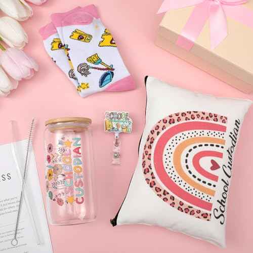 Skylety 5 Pcs Christmas School Custodian Gifts for Women 16 oz Glass Cup Socks Cosmetic Bag Badge Holder School Custodian Appreciation Gift Box for Thank You Janitor Staff Cleaning Lady