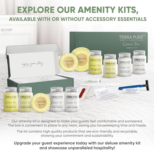 Terra Pure Green Tea Amenity & Accessory Kit | 1 oz Travel Size Shampoo, Conditioner, Lotion, Body Wash, 2 Soap Bars, Shave & Dental Sets, Make-Up Remover Wipes, & Vanity Kit | 15 sets per case