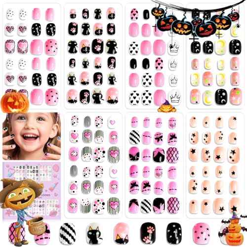 SAVILAND 7 Days Press on Nails for Kids: 168Pcs Children False Artificial Fake Nail Tips Sweet Edgy Pre-glue Full Cover Short Acrylic Nails with Nail Adhesive Tabs Gifts for Girls 8-12 Year (GlamKids)