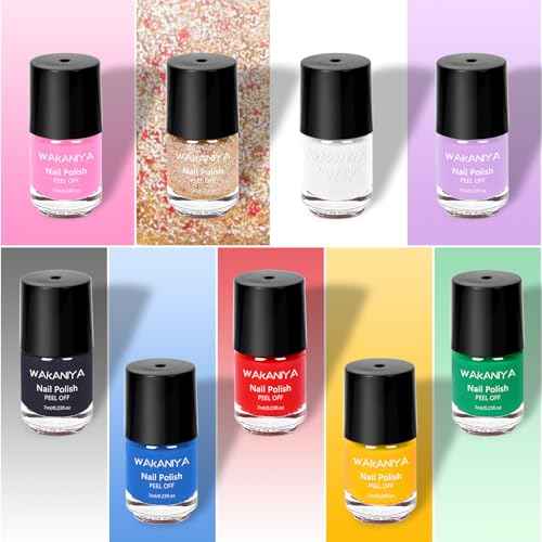 wakaniya Kids Nail Polish - Quick Dry Mini Nail Polish Set for Girls with Gems Stickers, 9 Colors Non-Toxic Water-Based Peel-Off Low Odor Toddler Nail Set for Ages 3+
