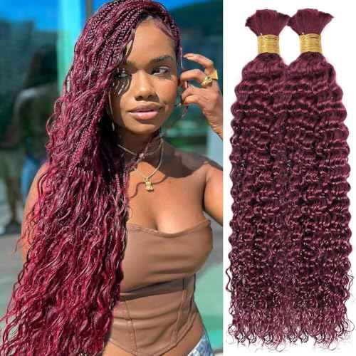 Human Braiding Hair for Boho Braids Burgundy Curly Boho Hair for Braiding Knotless 12A Deep Wave Bulk Bohemian 2 Bundles/Pack Color 99J 100g 20 Inch