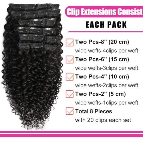 3C 4A Curly Clip In Hair Extension Real Human Hair 24 Inch Kinky Curly Clip in Hair Extensions Real Human Hair Brazilian Remy Human Hair Extensions Double Weft 8Pcs 110g Natural Black