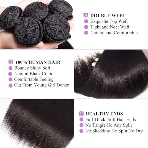 10A Straight Bundles with Frontal 16 18 20 with 14 Inch Human Hair Bundles with Closure 100% Unprocessed Brazilian Virgin Human Hair Weave 3 Bundles with Frontal HD Lace