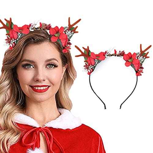 Catery Deer Headband Xmas Reindeer Antlers Headbands Elk Deer Flower Head Band Head Hoop Xmas Hair Bands Dcorative Halloween Headwear Hair Accessoey for Women and Girls