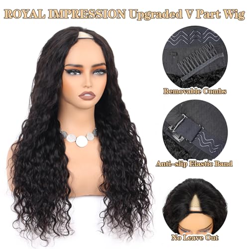 V Part Human Hair Wig Water Wave Thin Part Glueless Clip In Half Wigs 180% Density Curly V Shape Clip in Half Wig Beginner Friendly Water Curly Brazilian Virgin Human Hair Wigs (22 Inch)