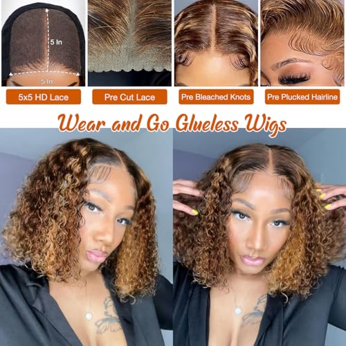 Honey Blonde Glueless Bob Wigs Human Hair Pre Plucked Pre Cut P4/27 5x5 HD Lace Closure Curly Wigs for Black Women Ombre Glueless Wig for Beginners 200 Density