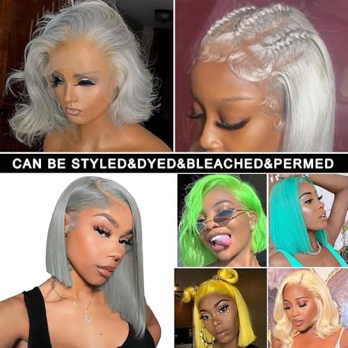 Silver Grey Bob Wig Human Hair 14 Inch 13x4 HD Straight Grey Bob Lace Front Wigs Human Hair Wear and Go Glueless Wig Pre Plucked with Baby Hair Short Grey Bob hd Lace Frontal Wigs For Black Women