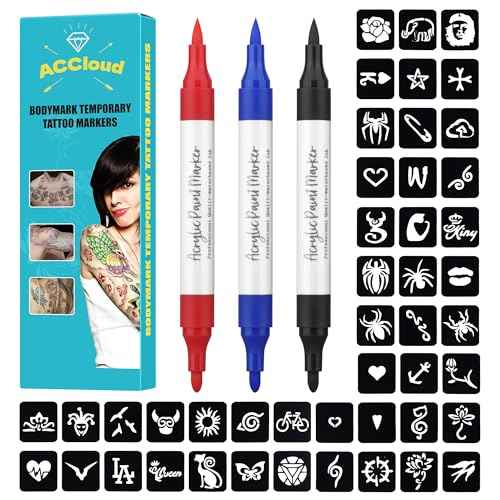 Temporary Tattoo Markers for Skin Paint Pens Kit, 3 Body Markers+ 63 Tattoo Stencils Kit, Flexible Brush Tip, Skin Safe for Art Projects, Drawing, Halloween Makeup Kit