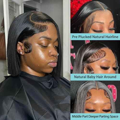 Short Straight Bob Wig Human Hair 13x4 HD Lace Front Bob Wigs 200 Density 10 Inch Glueless Bob Wigs Pre Plucked with Baby Hair Transparent Lace Frontal Short Bob Wig for Women Natural Black