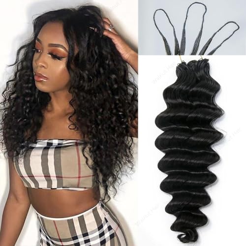 Deep Wave Crochet Human Hair Extensions Brazilian Virgin Feather Human Hair Bundles Pre Separated Braiding Hair Pre Looped for Boho Braids For Black Women Walnut Hair Natural Color 16inch 60g