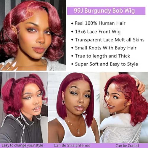 13x6 99j Burgundy Lace Front Wigs Human Hair Bob Wigs For Black Women Bob Wig Human Hair 200% Density 99j 13x6 Hd Transparent Lace Front Body Wave Wig 12 Inch