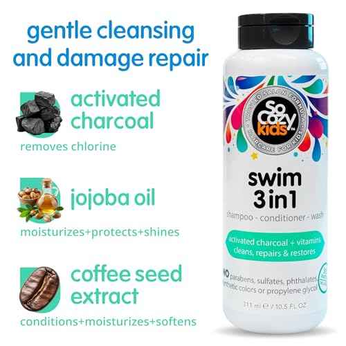 SoCozy Kids Swim 3-in-1 Shampoo, Conditioner & Body Wash - 3-in-1 Combo Pool Shampoo & Conditioner for Swimmers - Salt & Chlorine Removing Activated Charcoal