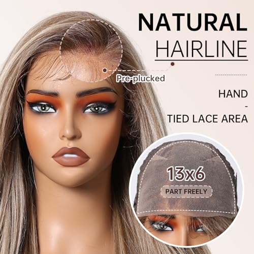 Allbell 13x6 HD Lace Wigs Honey Blonde Synthetic Lace Front Wig Preplucked Hairline with Baby Hair 28inch Long Body Wave Lace Wigs for Women(Brown with Blonde Highlights)