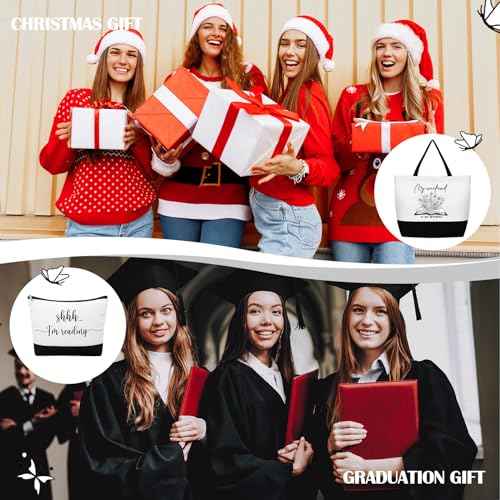 Buryeah 2 Pcs Book Lovers Gifts for Women Reusable Tote Bag Makeup Bag with Metal Zipper Book Club Gifts for Bookish Teacher Librarian Library Readers