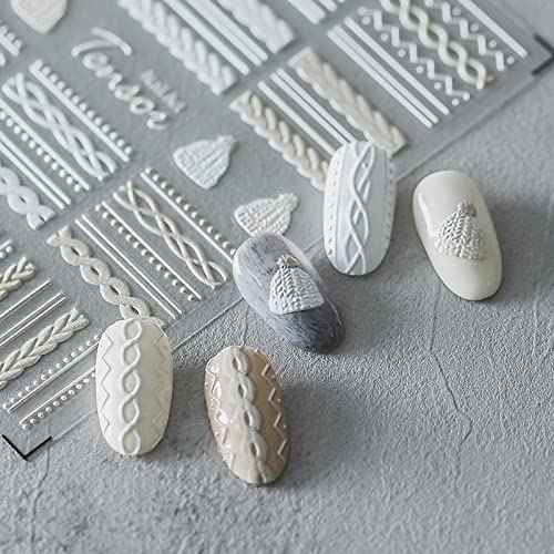 Winter Sweater Nail Art Stickers 5D Embossed Nail Decals 1PCS Elegant Sweater Pattern Self-Adhesive Nail Stickers Nail Art Supplies French Stripe Line Nail Decals for Acrylic Nails Manicure Decoration