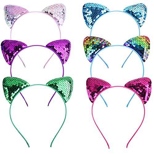 QUUPY 6PCS Cat Ears Headband Sequin Headbands Lovely Hair Accessories for Daily Wearing Kitty Ears Headband for Party Decoration