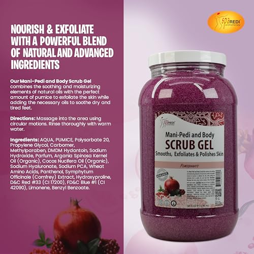 SPA REDI ? Pomegranate Pumice Scrub Gel, Exfoliating, Hydrating & Nourishing, Infused with Hyaluronic Acid, Amino Acids, Panthenol and Comfrey Extract for Glowy Smooth Skin - 128oz Gallon