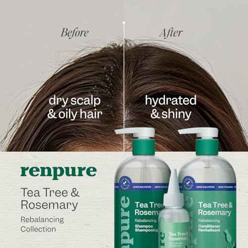 Renpure Plant Based Tea Tree and Rosemary Refresh and Rebalance Shampoo - Soothes Dry Scalp - Delivers Moisture and Shine - Rids Hair of Grime - Dye Free - Recyclable, Pump Bottle Design - 24 fl oz