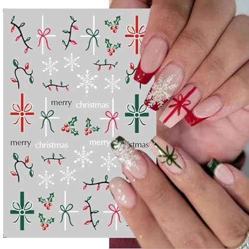 Christmas Gift Bow Nail Art Stickers, Santa Hat Elk Snowflake Design, 3D Self-Adhesive Glitter French Nail Tip Winter Holiday Nail Decals for Women (5 Sheets)
