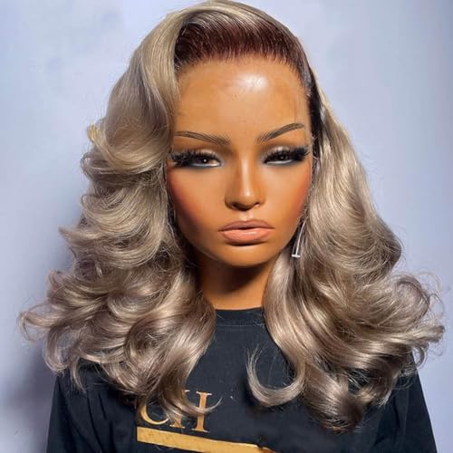 200% Density Ombre Ash Blonde Lace Front Bob Wig Human Hair Body Wave 13x4 Thicker Ombre Brown Roots with Grey Ash Blonde Short Bob Wig Pre Plucked with Baby Hair for Women 12 Inch