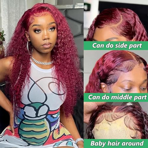 BeautyGrace Red Deep Wave Lace Front Wigs Human Hair 180% Density 13x4 99J Burgundy Human Hair Lace Front Wigs For Fashion Black Women (22 Inch)