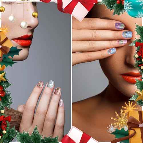 DANNEASY 24 Sheets Christmas Nail Wraps Cute Holiday Nail Polish Stickers Stick on Nail Polish Strips Self Adhesive Gel Fingernail Stickers Nails for Women with Nail File, Cuticle Stick
