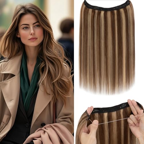 Rich Choices Halo Hair Extensions Real Human Hair Remy Hairs Halo Extension for Women Invisible Wire One Piece Clip in Hairpiece 18 Inch Straight-#4P27 Medium Brown Highlight Dark Blonde