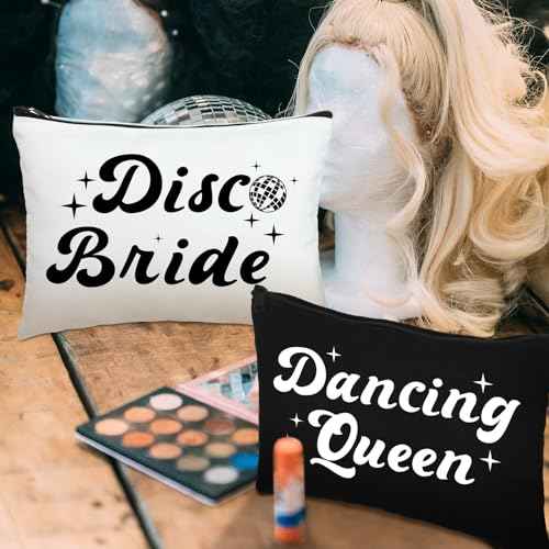 7 Pcs Disco Bride Bachelorette Party Makeup Bags Dancing Queen Bachelorette Gifts Canvas Cosmetic Bags Set for Women Bridal Shower Wedding Party Supplies Dancer