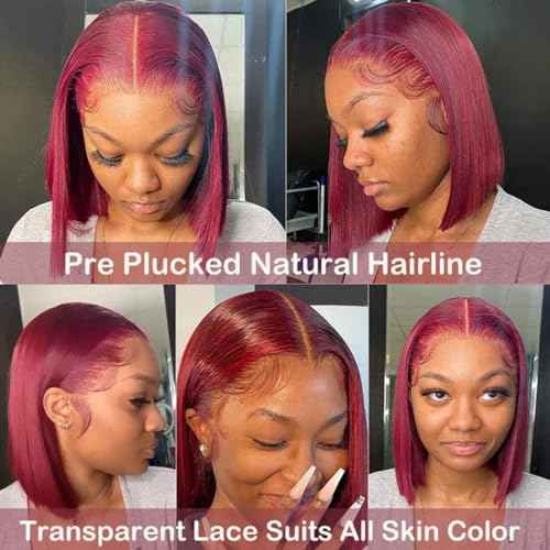 Burgundy Bob Wig - Glueless, Pre-Plucked 150% Straight 4x4 Lace Front Wig, 12 Inch