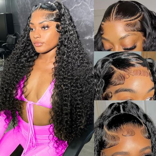13x6 Deep Wave Lace Front Wigs Human Hair 26inch Glueless Wigs Human Hair Pre Plucked Deep Wave Wigs for Women Human Hair 180% Density Curly Lace Front Wigs Human Hair