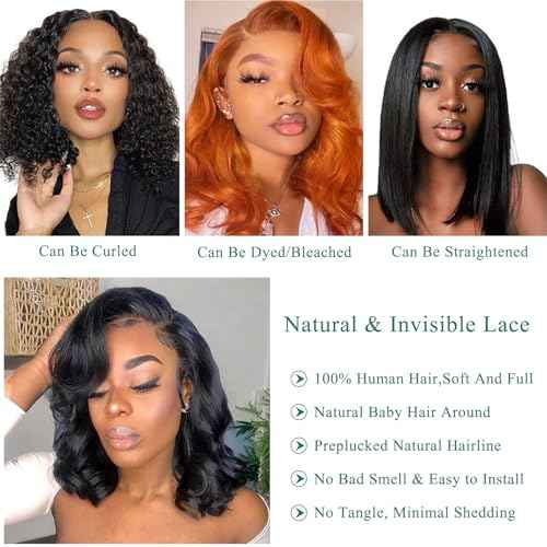 Douyin Bob Wig Human Hair 13x4 Frontal Lace Wig 14 Inch Body Wave 180% Density HD Lace Front Wigs Human Hair Pre Plucked Bob Wigs for Women (14 inch, Natural Black)