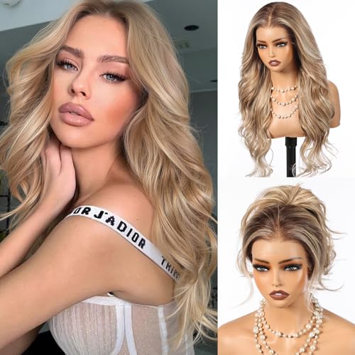 HAIRCUBE 13¡¿6 Glueless Lace Front Wavy Wig, 26 Inch Lace Synthetic Wigs for Women Brown Highlights Color