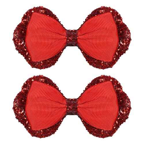 3.5" Glitter Red Ribbon Hair Bow Clips Sparkly Sequins Alligator Barrettes Hairpin Toddler Teen Girls Birthday Wedding Xmas july 4th Dress Outfit Decor Accessory Gift Set of 2