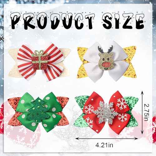 ALIBBON 8 Pcs Christmas Hair Bows for Girls, Glittering Christmas Tree Snowflake Hair Clips for Woman, Reindeer Hairpins for Kids, Christmas Hair Accessories for Holiday Party Supplies