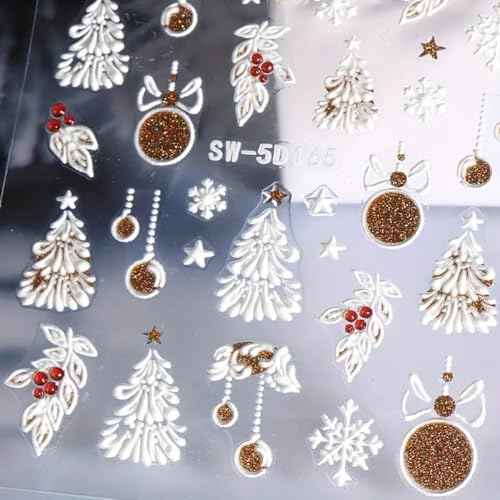 Christmas Nail Art Stickers Decals 5D Embossed Glitter Gold Xmas Nail Decals 3PCS Xmas Tree Lantern Ball Christmas Nails Adhesive Sticker Elk Snowflake Winter Manicure Supply for Nail Art Decorations