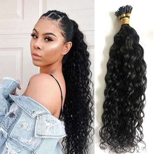 Water Wave I Tip Human Hair Extension Pre Bonded Raw I Tip Keratin Fushion Hair Natural Wavy Curly 100g/100 strand 24inch Microlink Beads I Tip Hair Extensions