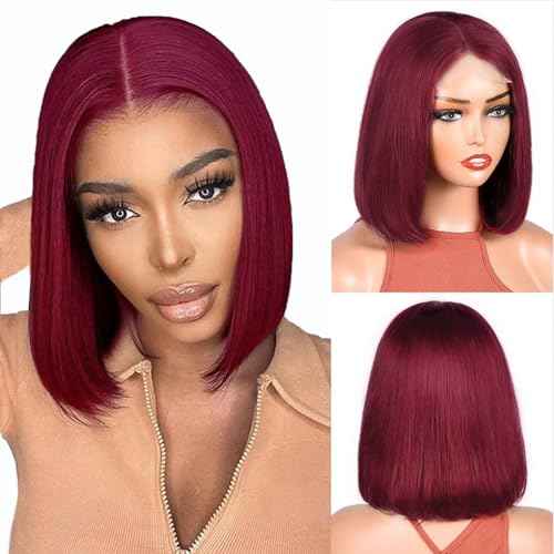 Burgundy Bob Wig - Glueless, Pre-Plucked 150% Straight 4x4 Lace Front Wig, 12 Inch