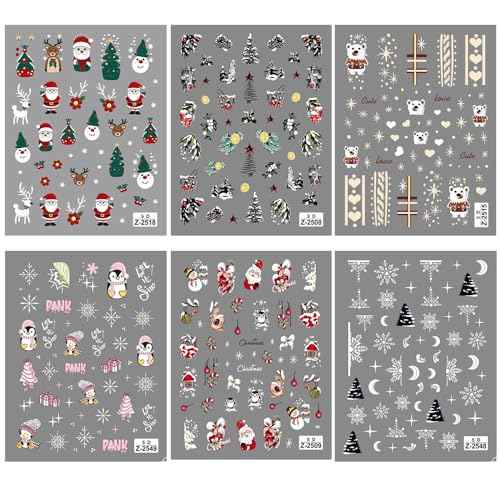 6 Sheets Christmas Nail Art Stickers Snowflake Nail Decals 5D Embossed Self-Adhesive Santa Claus Elk Penguin Bear Xmas Tree Nail Supplies for Women Christmas Nail Art Decoration Winter Pegatinas U?as