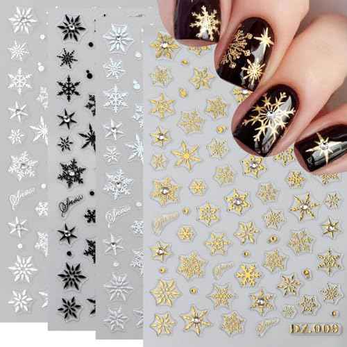 Snowflake Nail Stickers, 3D Embossed Christmas Nail Decals with Rhinestones Gold Silver Black White Snowflake Winter Nail Art Design for Women Girls(4 Sheets)