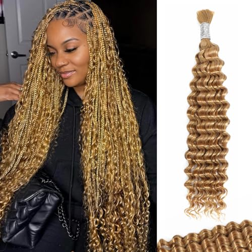 Blonde Bundle Human Hair Color 27 Deep Wave Bundles 100g 24 Inch, Boho Braiding Hair 27 Blonde Hair Bulk Curly for Braids, 12A No Weft 100% Unprocessed Brazilian Virgin Hair