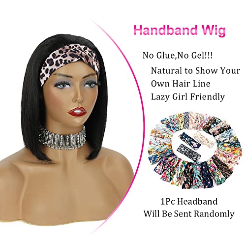 AISI Bob Headband Wig Human Hair Short Wigs for Black Women Straight 150% Density (16 Inch)