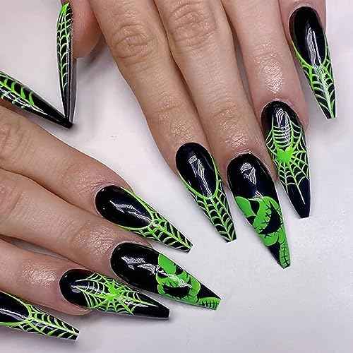 Halloween Press-on Coffin Nails 24 Pcs Black, Fluorescent Green Spider Web Nightmare Christmas ABS Material 12 Sizes Full Cover Glossy False Nails