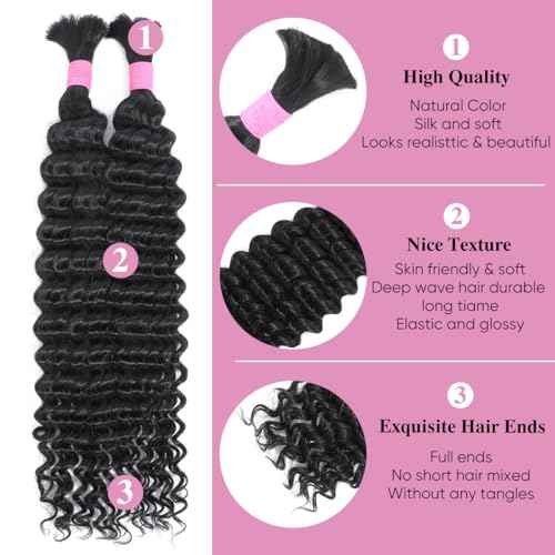 Human Braiding Hair for Boho Braids 20 Inch 2 Bundles 100g Deep Wave Bulk Hair 12A Virgin Curly for Knotless Braids (Natural Color)
