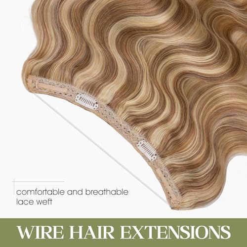 Halo Hair Extensions Real Human Hair Invisible Wire Extensions with Transparent Fish Line Wavy Curly Halo Clip in Human Hairpieces Golden Brown & Bleach Blonde 16 Inch