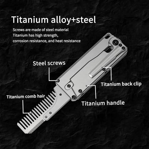 TC347 2-in-1 Titanium Handle Carrot Utility Knife, Hair Beared Comb, Retractable Box Cardboard Cutter EDC Pocket Knives, 10pcs SK5 Replaceable Blade with Pocket Clip, Glass Breaker